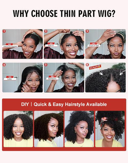 18" Kinky Straight Thin V Part Machinemade Wig No Leave-Out