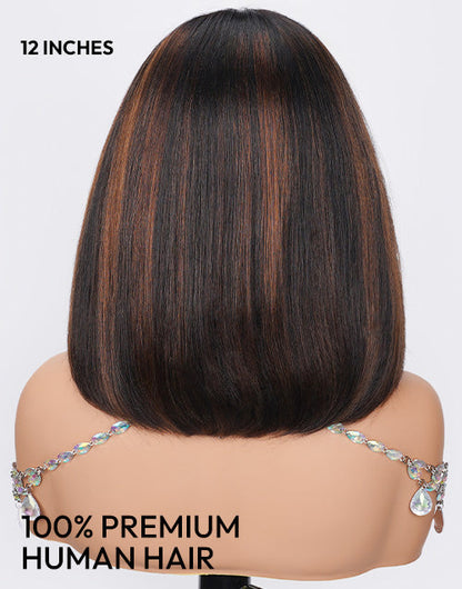 Pag- Glueless Pull Go Wig Brown Highlight Layered Haircut Silky Straight Bob With Bangs