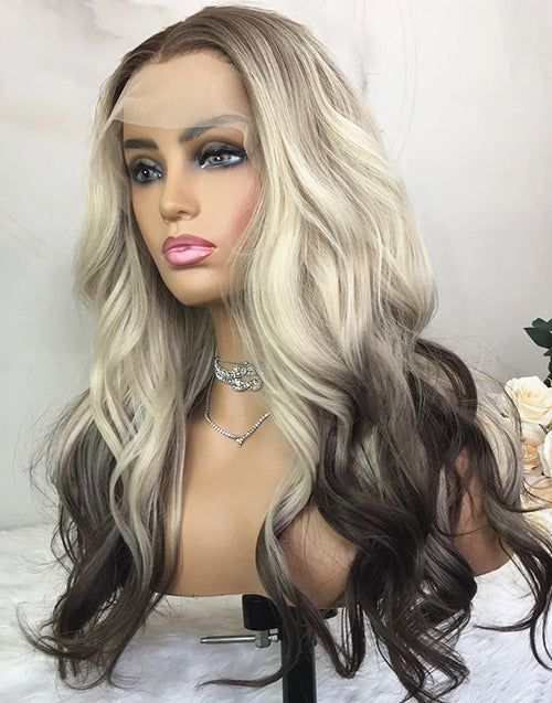 16”-18” Ombre Blonde With Brown Roots Natural Wave 13x4 Lace Front Wig Flash Deal