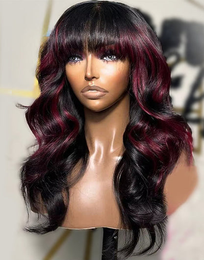 Ruby- Highlight 99J Wavy 13x5 Pre Cut Lace Glueless Wig With Bangs With Black Roots Mid Length