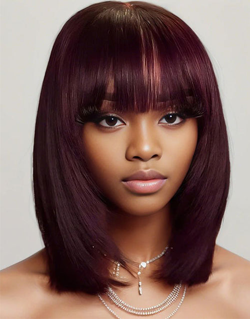 12" Burgundy Layer Cut Straight Bob Wigs With Bangs