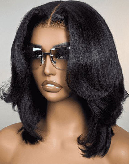 16" Curtain Bangs Slight Layered Bob Kinky Wavy 13x5 Drawstring Glueless Wig Pre Cut Lace
