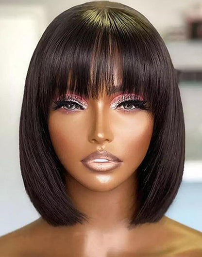 Brown/Burgundy/Black Color Layer Cut Straight Bob 5x5 Lace Glueless Wigs With Bangs
