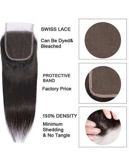 32inch Straight Hair 3 Bundles With Closure Human Hair With 4x4 Lace Closure