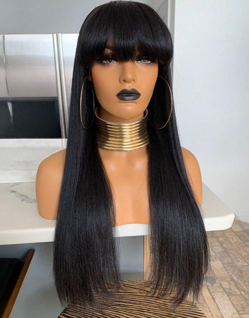 Sabina- Straight 13x5 Pre Everything Wig With Bangs Natural Black/Brown Glueless Human Hair Wig