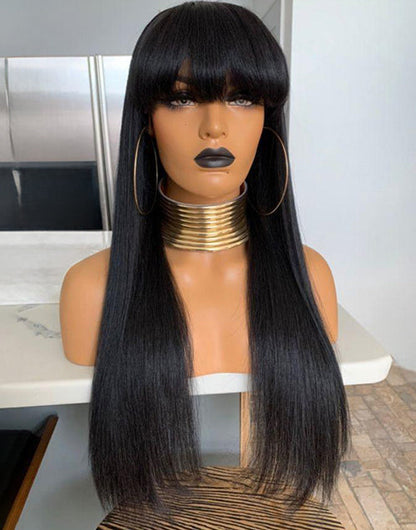 Sabina- Straight 13x5 Pre Everything Wig With Bangs Natural Black/Brown Glueless Human Hair Wig
