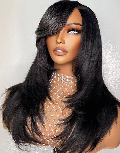 With Sideswept Glueless Straight 13x5 Pre Cut Lace Layer Cut Wig Human Hair