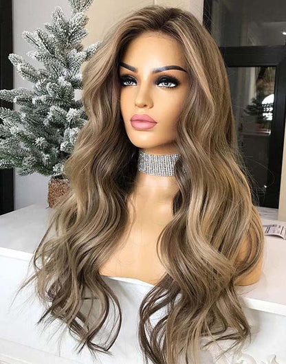 Freya-Ash Blonde Highlight Wavy 13x4 Lace Front Wig With Dark Roots Glueless Swiss Lace Human Hair Wig