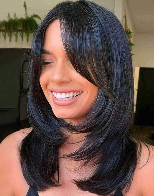 Glueless Pull Go Wig Oval Layers Haircut Wig With Curtain Bangs Straight Wig Pre Cut Lace