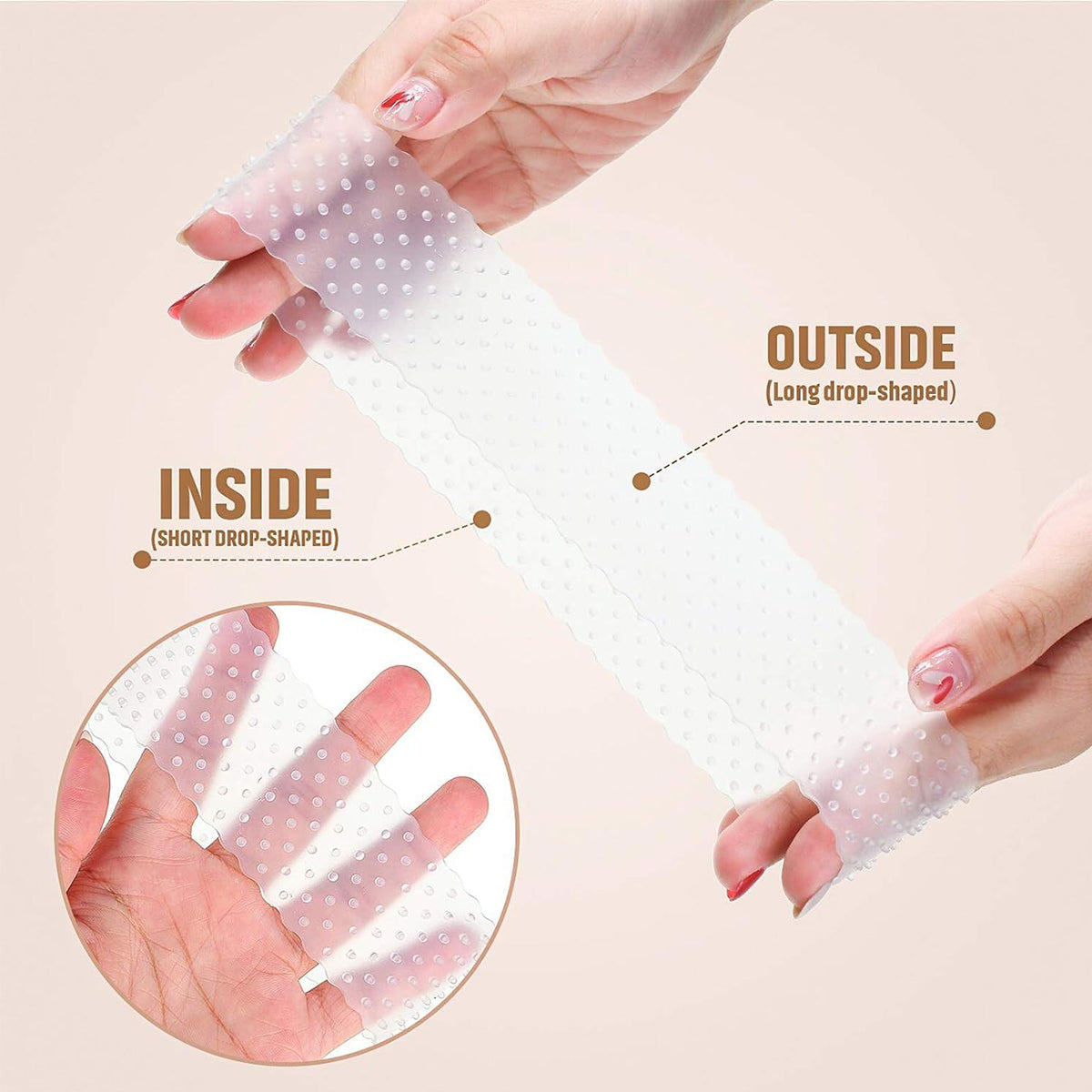 Hand holding a clear silicone nail form with labeled 'outside' and 'inside' shapes on a beige background.