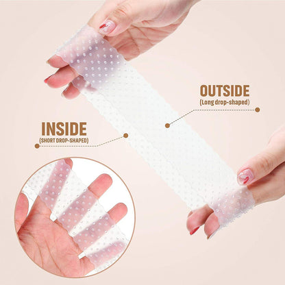 Hand holding a clear silicone nail form with labeled 'outside' and 'inside' shapes on a beige background.