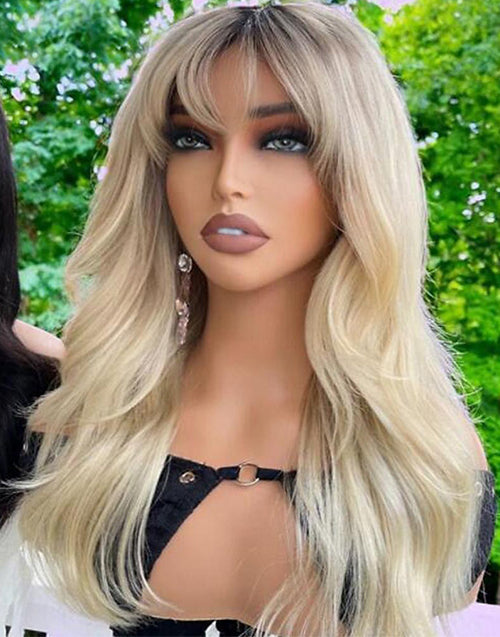 14"-22" Ombre Blonde Curtain Bangs Glueless Wavy Lace Wig