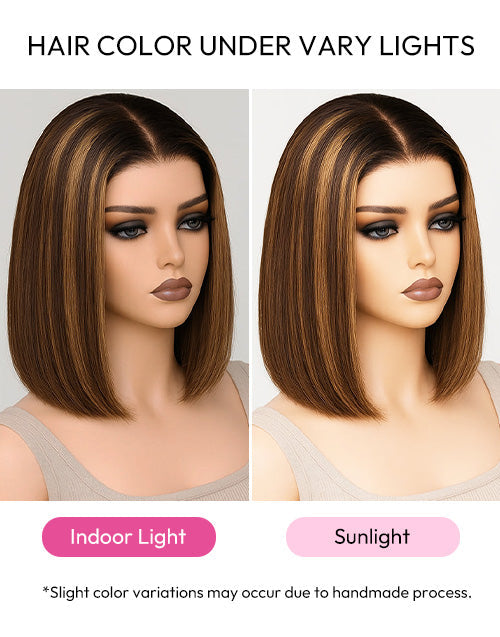 Sarena- Coffee Brown With Blonde Straight Bob Wig Pre Cut Lace Glueless Pull Go Wig