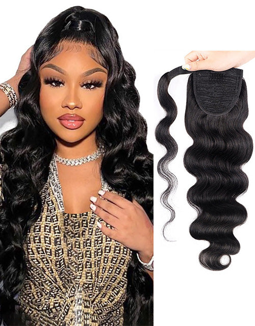 Body Wave Real Human Hair Ponytail Extension Wrap Around Long Clip in Wavy Ponytail Hair Extensions for Women