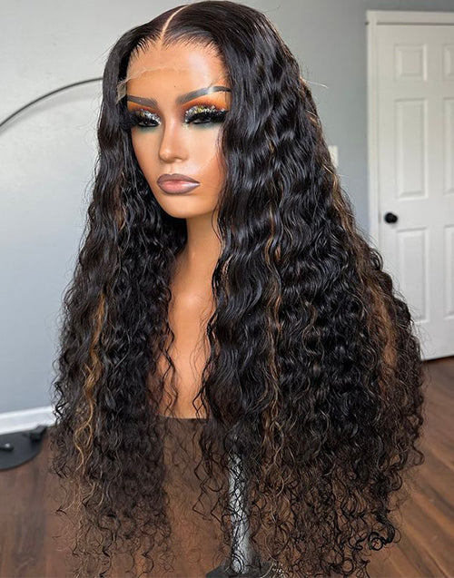 Highlights Brown With Black Hair Water Curl Lace Frontal Human Hair Glueless Wigs Pre Cut Lace