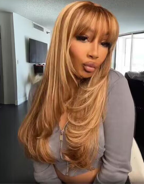 Gill- Layer Cut Highlight Honey Brown Straight Pre Cut 13x5 Lace Wig With Bangs Glueless Wig