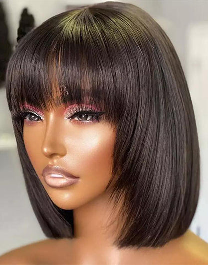 Brown/Burgundy/Black Color Layer Cut Straight Bob 5x5 Lace Glueless Wigs With Bangs