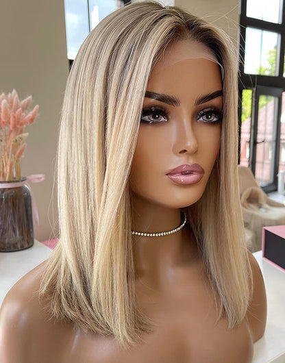 Yara- Ombre Ash Blonde Straight 13x4 Lace Front Bob Wig Glueless Human Hair Wigs