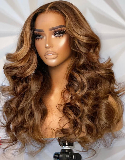 Flora- Piano Brown Highlights Big Loose Curl 13x4 Frontal Preplucked Human Hair Wig