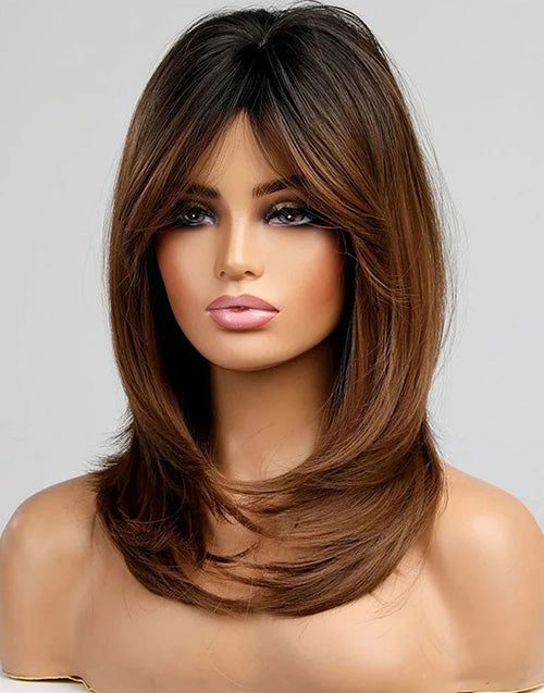 Hilda- Ombre Chestnut Brown Mid Length Wig Curtain Bangs Layered Cut Straight 13x5 Pre Cut Lace Front Wigs With Black Roots