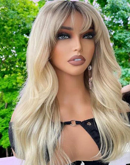 14"-22" Ombre Blonde Curtain Bangs Glueless Wavy Lace Wig