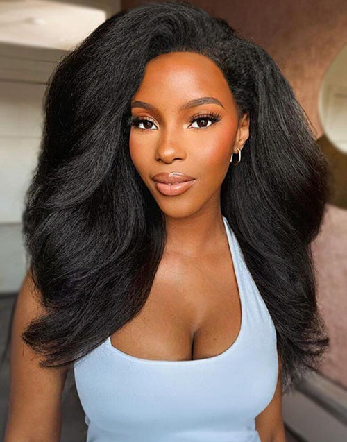 22" Kinky Straight Wave Half Wig Human Hair Blow Out Style 1 Wig 3 Different Looks