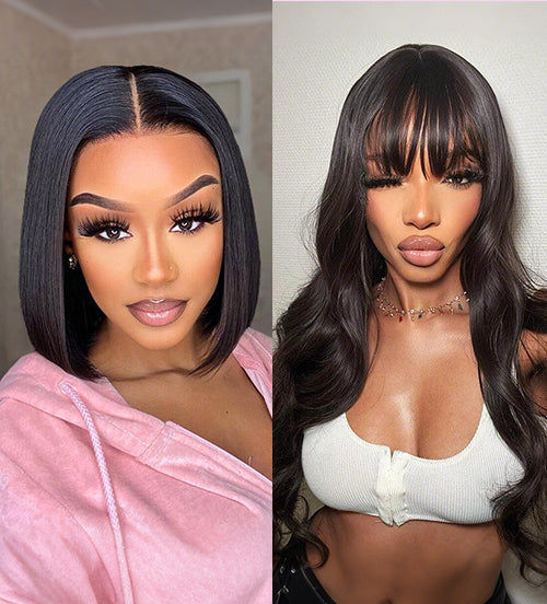 18" Body Wave 13x5 Pre Cut Lace Wig With Bangs+10" Bob Straight 4x4 Lace Pre Cut Wig