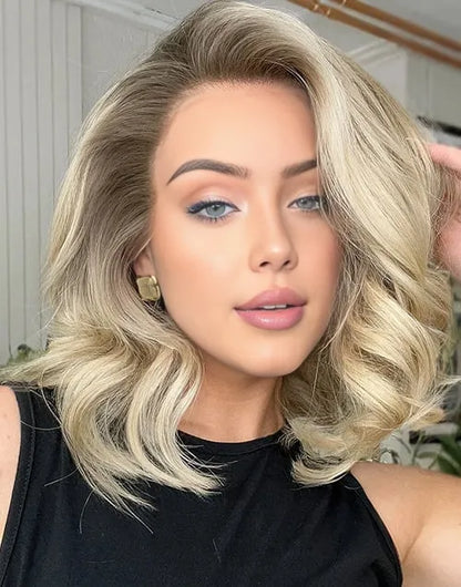 Evelya-Gray Brown Blonde Highlights Wavy Bob Wigs 100% Real 13x6 HD Lace Human Hair Wig For Caucasian
