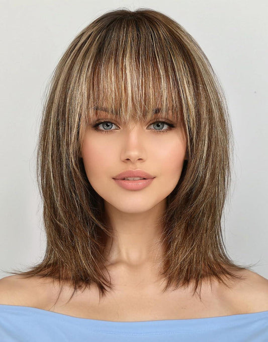 Celia-Shoulder Layered Brown Mixed Blonde Bob Wig With Bangs 4X4 Lace Closure Wig