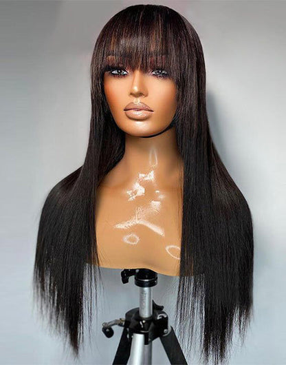 Sabina- Straight 13x5 Pre Everything Wig With Bangs Natural Black/Brown Glueless Human Hair Wig