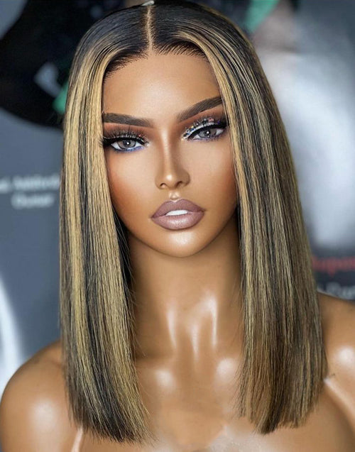 Debby- Highlight Honey Straight Short 13x4 Pre Cut Lace Front Bob Wig Glueless Human Hair Wig