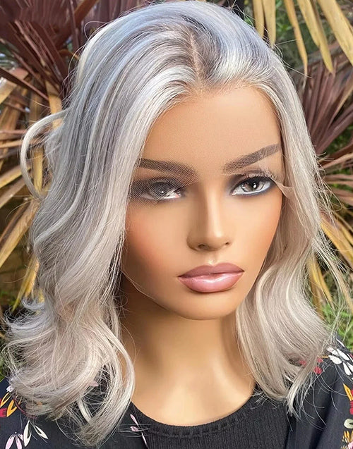 14" 16" Platinum Ash Blonde Wavy Bob Glueless Wig