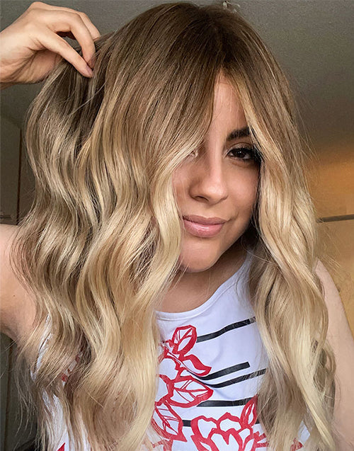 Jauy-Long Wavy Golden Honey Blonde Balayage Lace Front Wigs Middle Part