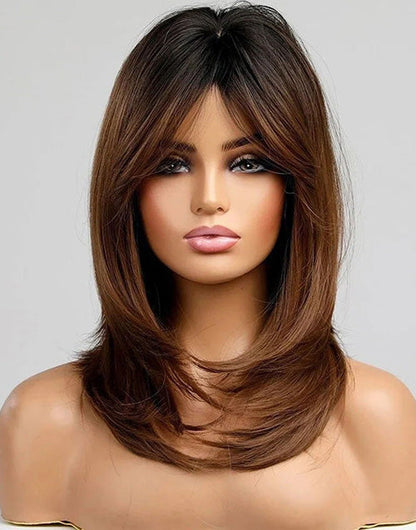 Hilda- Ombre Chestnut Brown Mid Length Wig Curtain Bangs Layered Cut Straight 13x5 Pre Cut Lace Front Wigs With Black Roots
