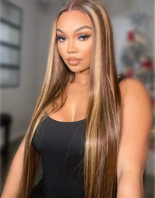 20" Highlight Honey Brown Straight 7x5 Pre Cut Lace Wigs