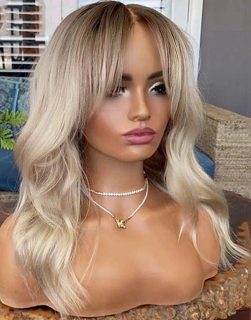 Werk-13x6 Deep Part Lace Front Curtain Bang Wigs Ombre Cream Blonde Wavy Wigs For Caucasian Women