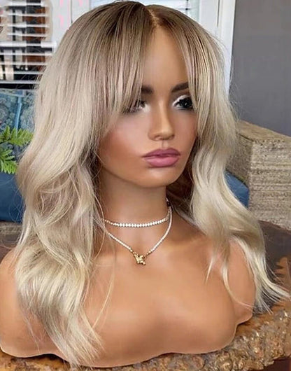 Werk-13x6 Deep Part Lace Front Curtain Bang Wigs Ombre Cream Blonde Wavy Wigs For Caucasian Women