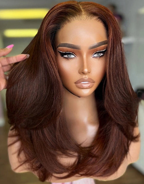 Edwina- Layered Soft Wavy Auburn Brown Pre Cut Lace Front Wigs Shoulder Length Middle Part