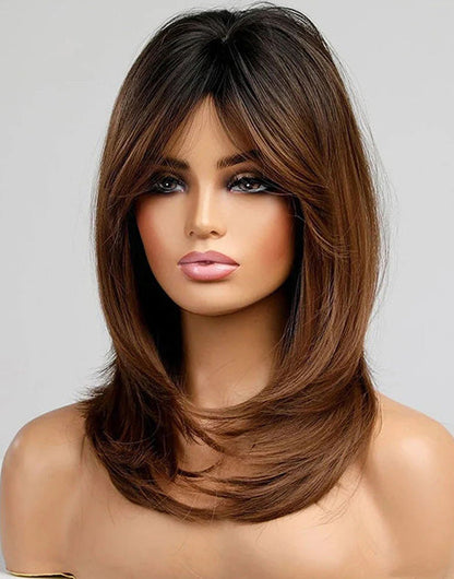 Hilda- Ombre Chestnut Brown Mid Length Wig Curtain Bangs Layered Cut Straight 13x5 Pre Cut Lace Front Wigs With Black Roots