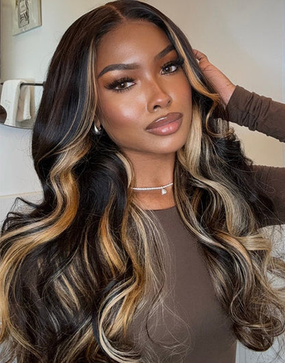 Yanet- Butterscotch Honey Caramel Highlights Body Wave Glueless Wig 220% Density Pre Cut Lace