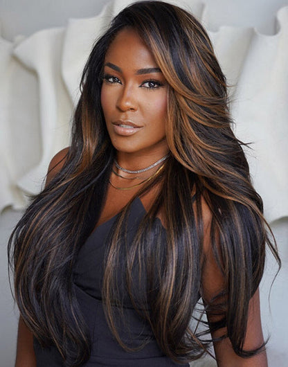 Camille- Glueless Pull Go Wig Brown Highlight Layer Cut Wavy 13x5 Pre Cut Lace Human Hair Wig
