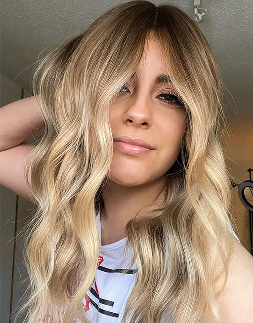 Jauy-Long Wavy Golden Honey Blonde Balayage Lace Front Wigs Middle Part