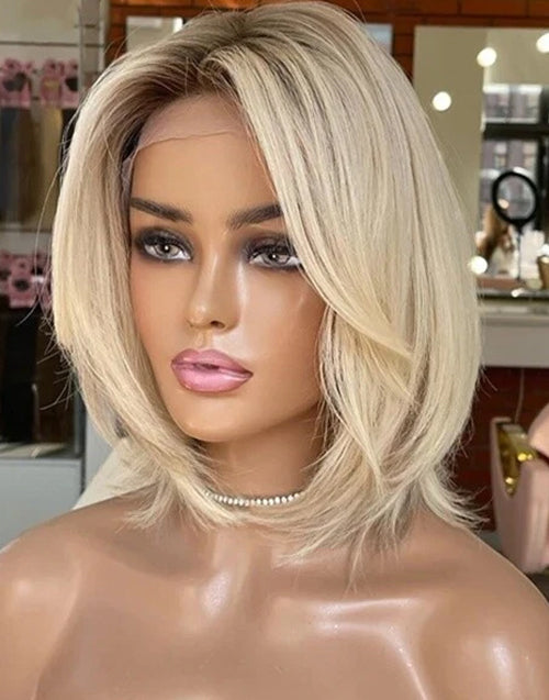 12" Ombre Ash Blonde Layer Cut Straight 5x5/4x4 Bob Glueless Wig