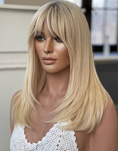 16" 24" Ombre Blonde Straight Layered Wig With Curtain Bangs 13x4