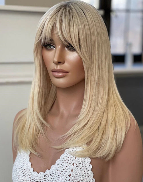 16" 24" Ombre Blonde Straight Layered Wig With Curtain Bangs 13x4