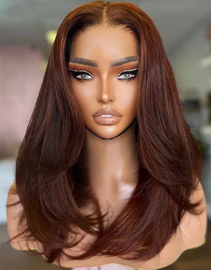 Edwina- Layered Soft Wavy Auburn Brown Pre Cut Lace Front Wigs Shoulder Length Middle Part
