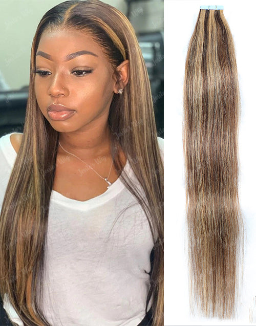 P4/27 Hair Tape Straight Human Hair Extensions Brown With Blonde Highlights