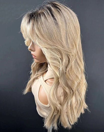 Cety-Custom Made Lovely Curtain Bang Highlights Warmth Blonde Dark Roots Natural Wave 13x6 Lace Front Glueless Wig Human Hair