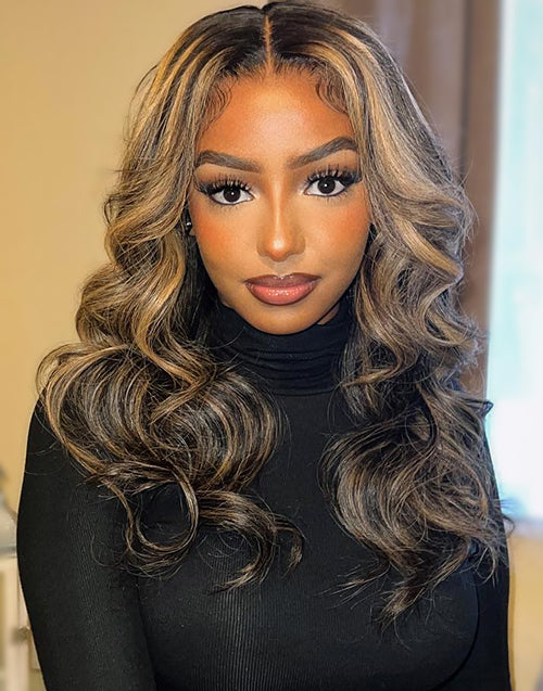 Eileen- Black With Honey Blonde Highlights Glueless Wavy 13x5 Pre Cut Lace Front Wig Piano Colored Human Hair Wig