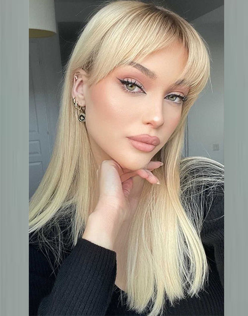 18" Ombre Golden Blonde Curtain Bangs Straight 13x4 Lace Wig Dark Roots